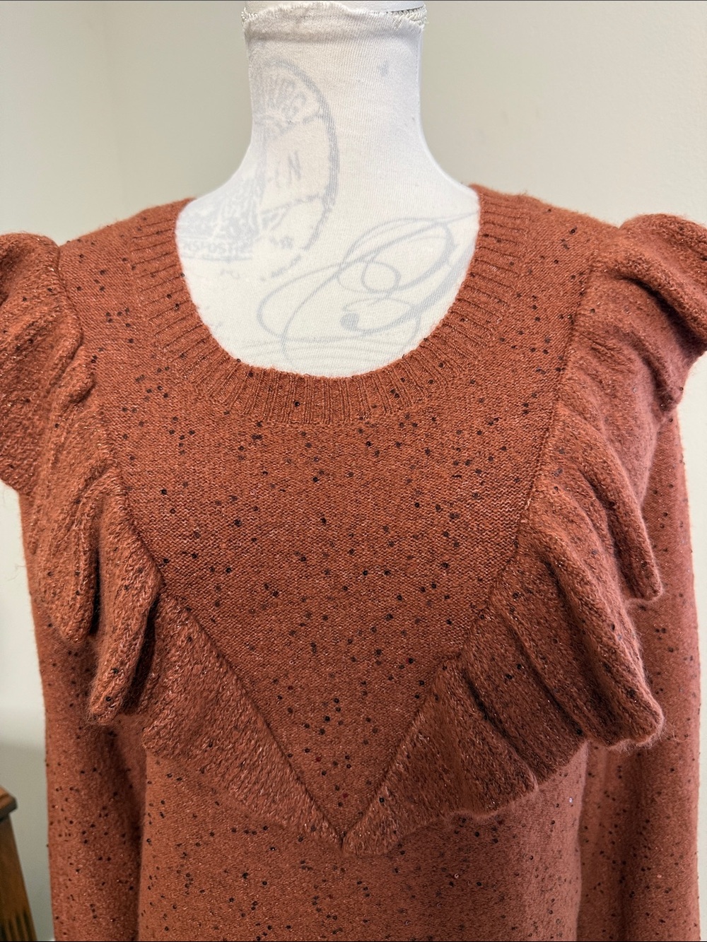 NWT LAUREN CONRAD Ruffle Front Sparkly Sweater Gingersnap/Rust, Size XL